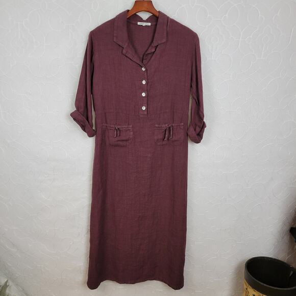 VTG Subtle Tones Linen Shirt Dress Womens S/M Purple Button Front Lagenlook Maxi - Picture 1 of 14